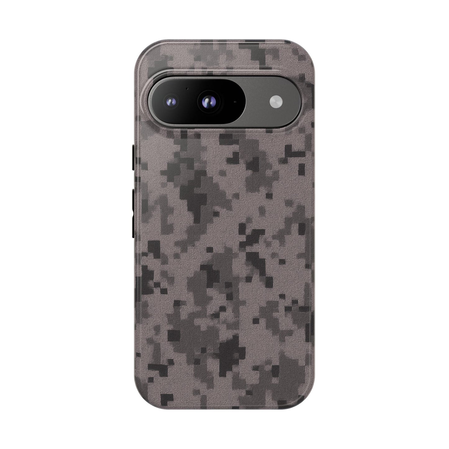 Gray digital camouflage phone case by Printify, tough protective cover for smartphones with a rugged digital camo design.