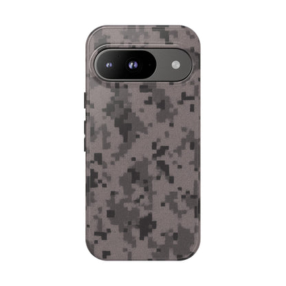 Gray digital camouflage phone case by Printify, tough protective cover for smartphones with a rugged digital camo design.
