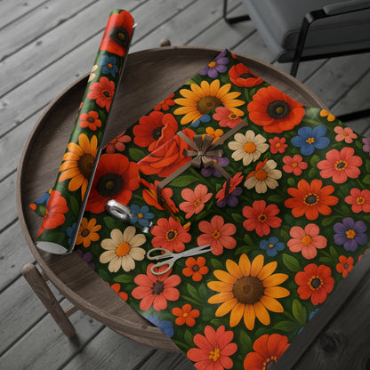Floral Folk Art Wrapping Paper Roll — Bright Vintage Flower Gift Wrap
