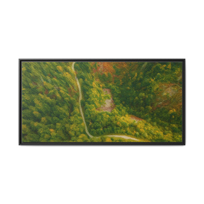 Framed matte canvas wall art featuring a colorful aerial forest path landscape, printed by Printify.