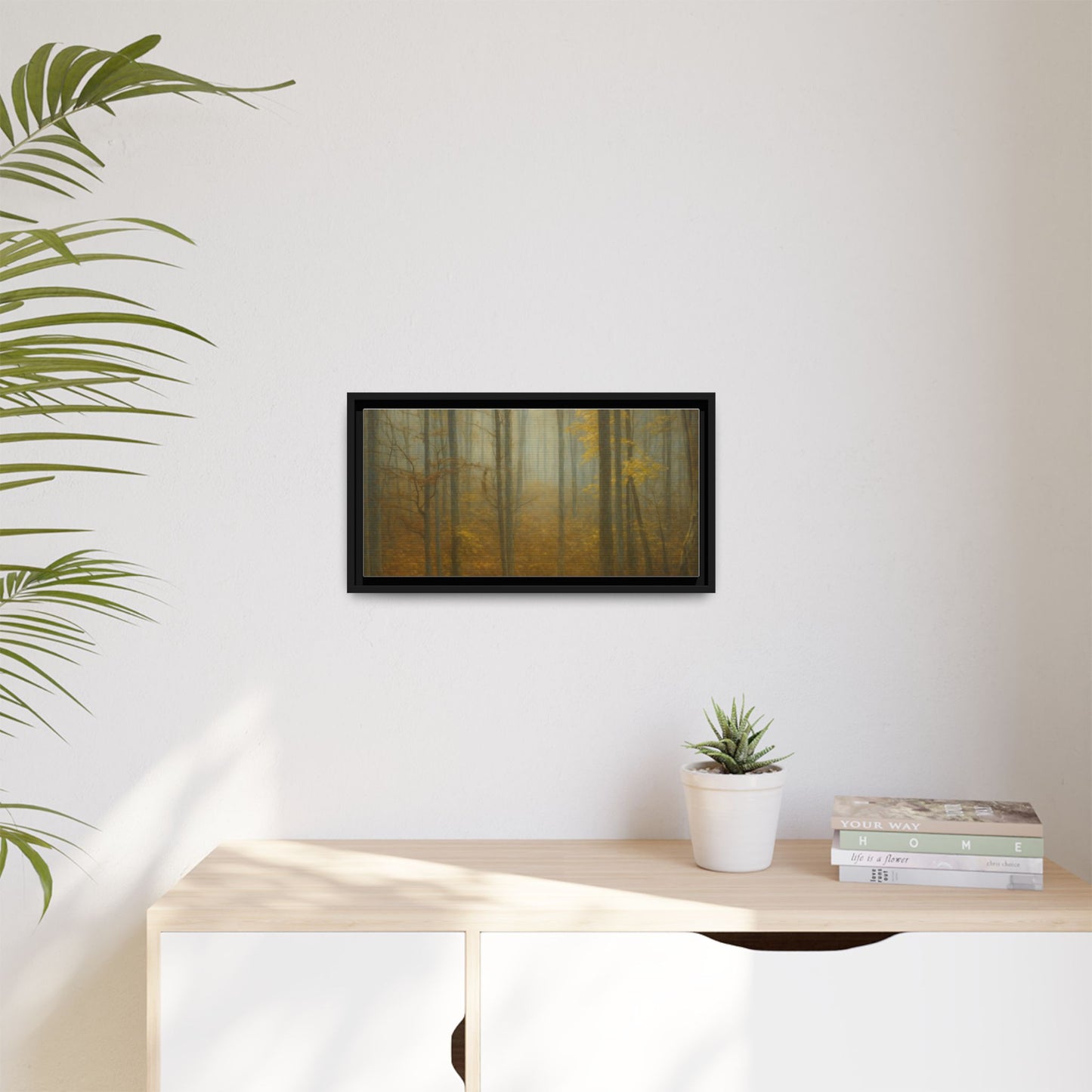 Framed matte canvas wall art of a misty autumn forest scene, showcasing vibrant fall colors and detailed forest imagery.