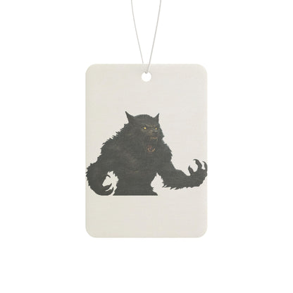 Werewolf-shaped car air freshener from Printify, spooky Halloween accessories, with detailed werewolf design on a hanging accessory.