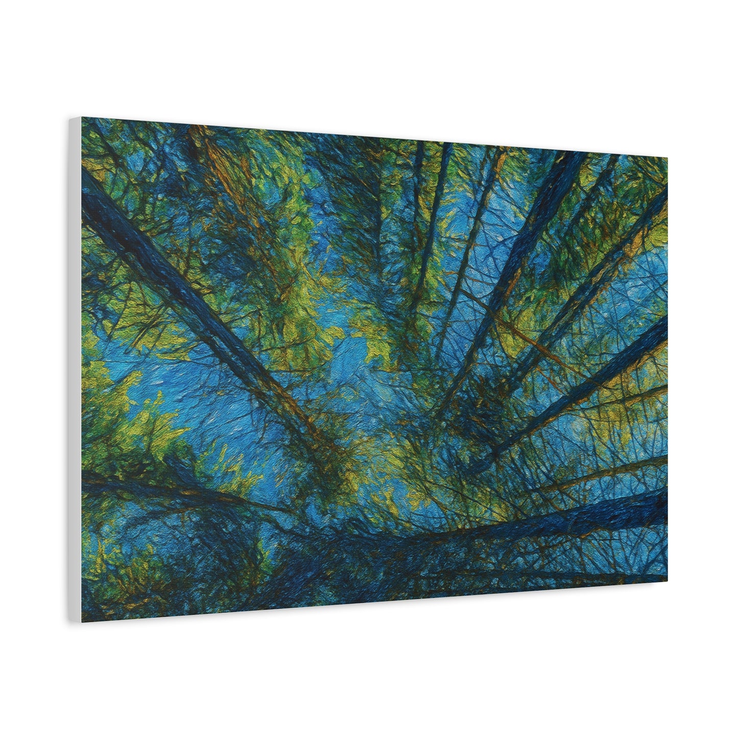 Forest Canopy Matte Canvas Wall Art — Upward View of Trees, Blue & Green Nature Print