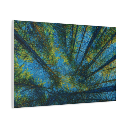 Forest Canopy Matte Canvas Wall Art — Upward View of Trees, Blue & Green Nature Print