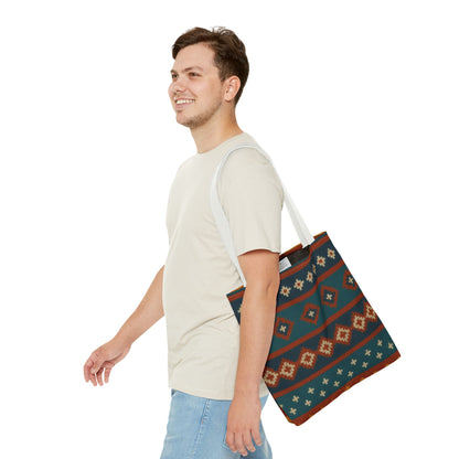Southwestern diamond pattern tote bag with Aztec tribal geometric print, featuring durable fabric and shoulder straps.