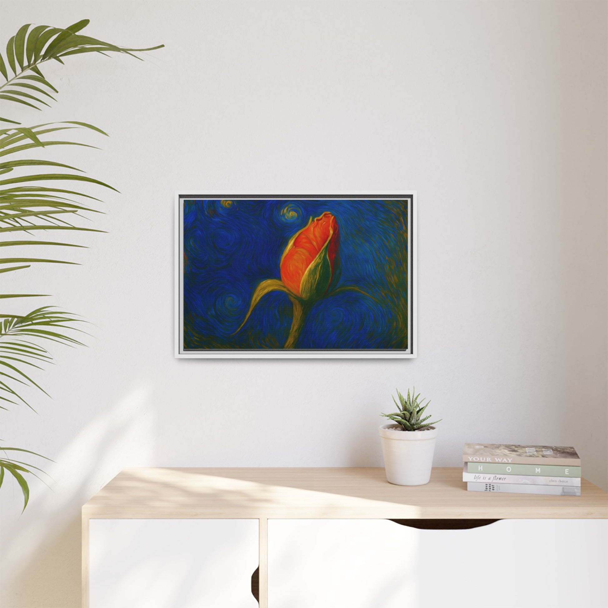 Red rose bud painting on framed canvas wall art by Printify, featuring a matte finish and vibrant floral design.
