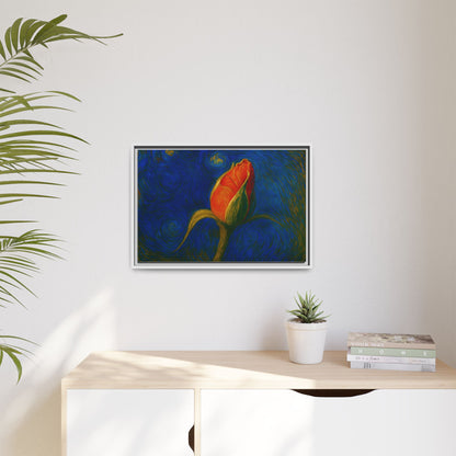Red rose bud painting on framed canvas wall art by Printify, featuring a matte finish and vibrant floral design.