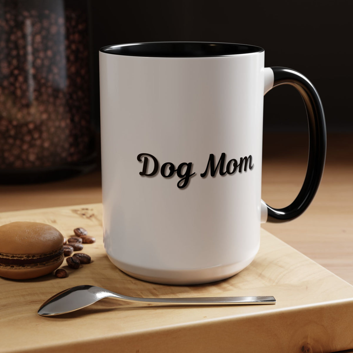 Dog Mom Accent Coffee Mug — white ceramic coffee mug with retro script "Dog Mom" print, colored interior and C-handle, 11oz/15oz, additional angle