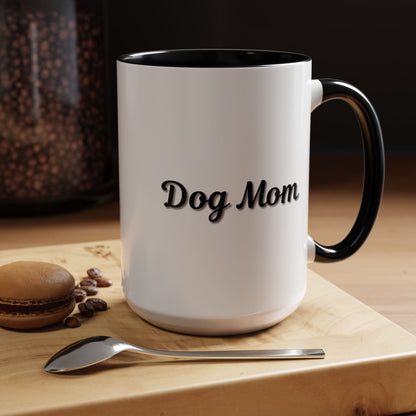 Dog Mom Accent Coffee Mug — white ceramic coffee mug with retro script "Dog Mom" print, colored interior and C-handle, 11oz/15oz, additional angle