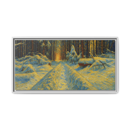Framed matte canvas print of a snowy forest path at sunset, wall art by Printify featuring winter landscape and natural scenery.