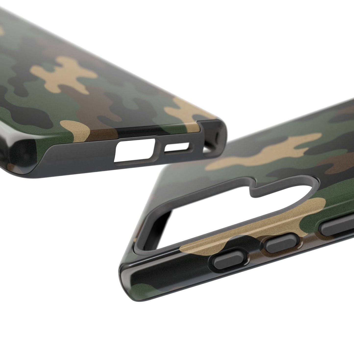 Camouflage rugged phone case from Printify with tough protective design, featuring a military-style camo pattern on a smartphone.