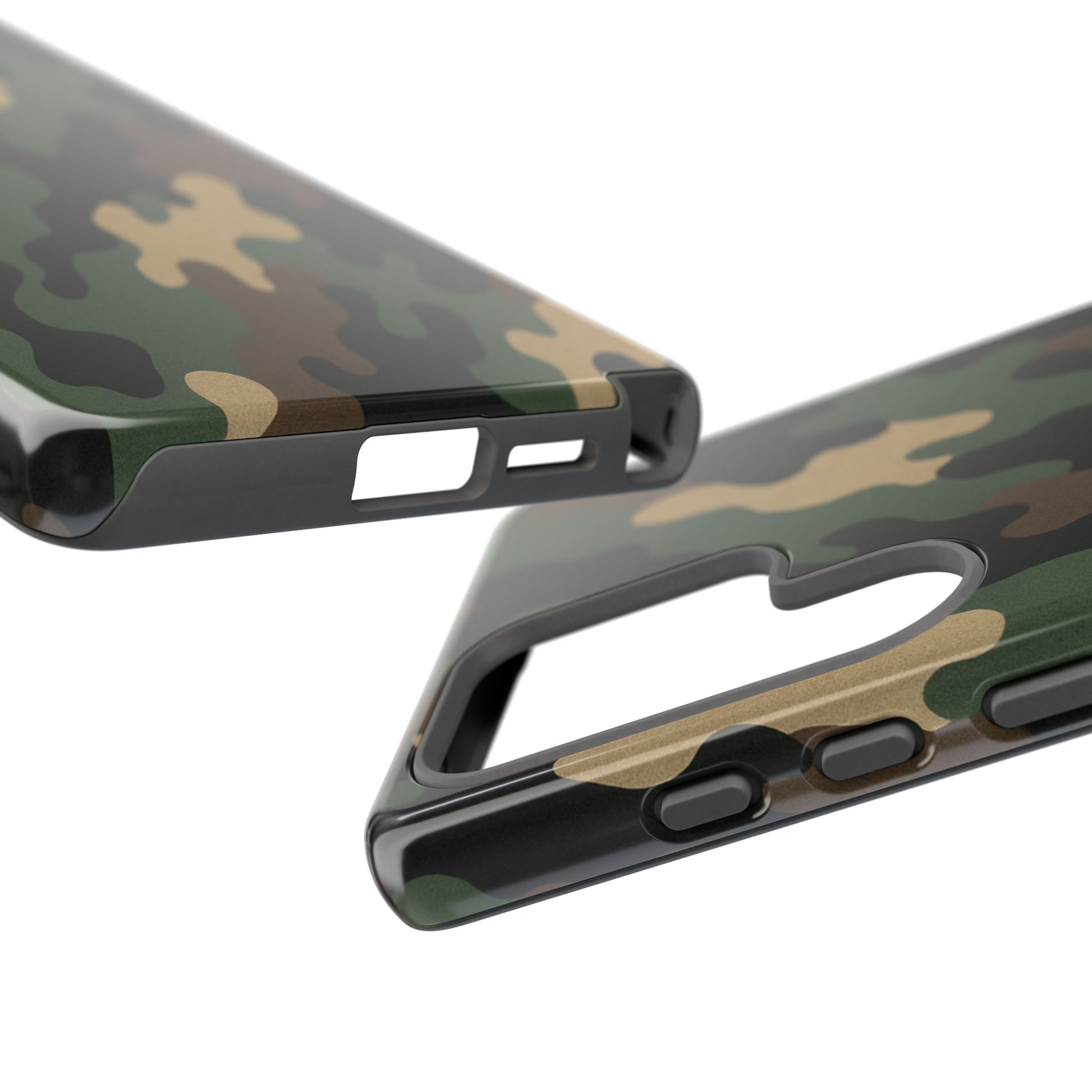 Camouflage rugged phone case from Printify with tough protective design, featuring a military-style camo pattern on a smartphone.
