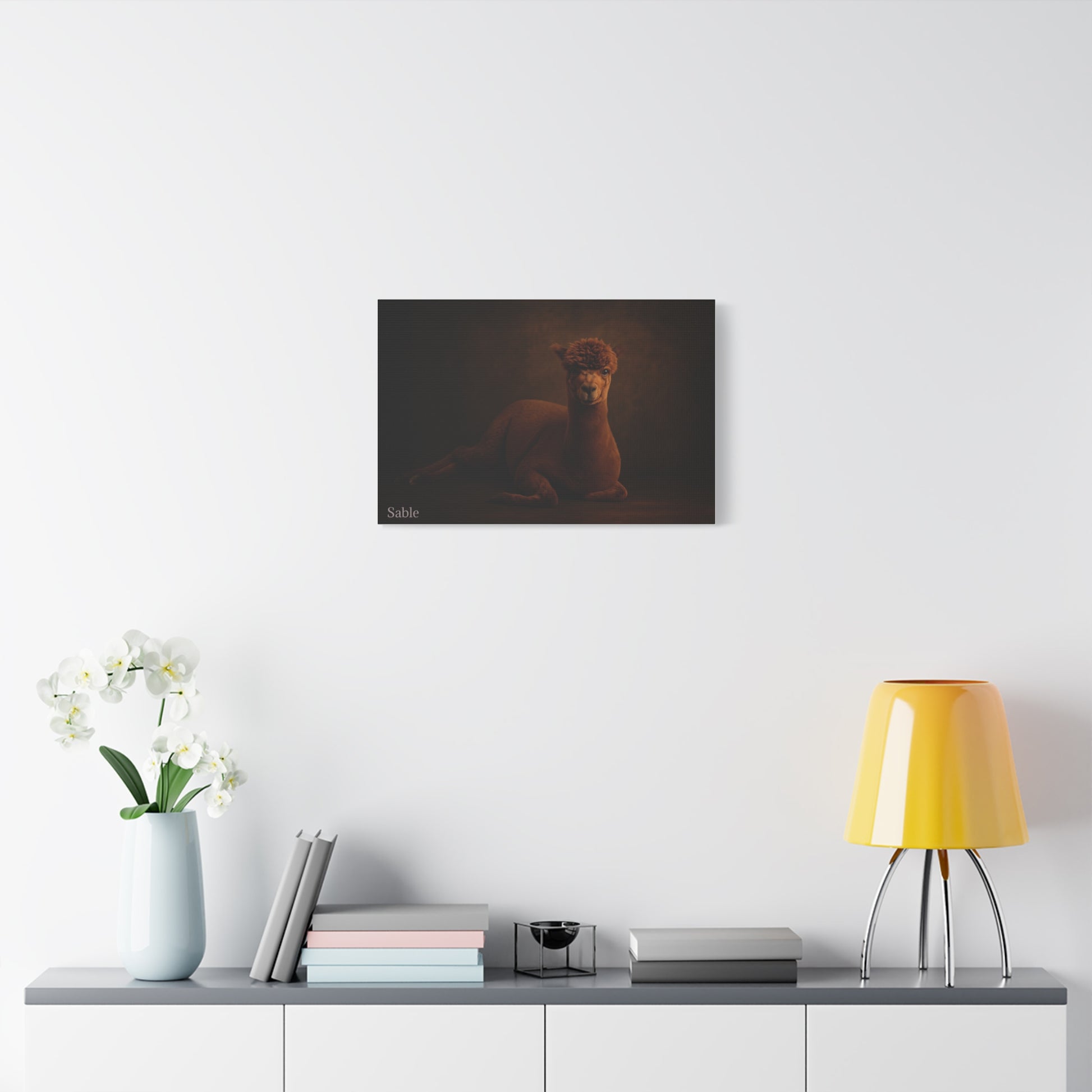 Alpaca portrait printed on matte canvas by Printify, featuring detailed, realistic alpaca artwork on a high-quality canvas.