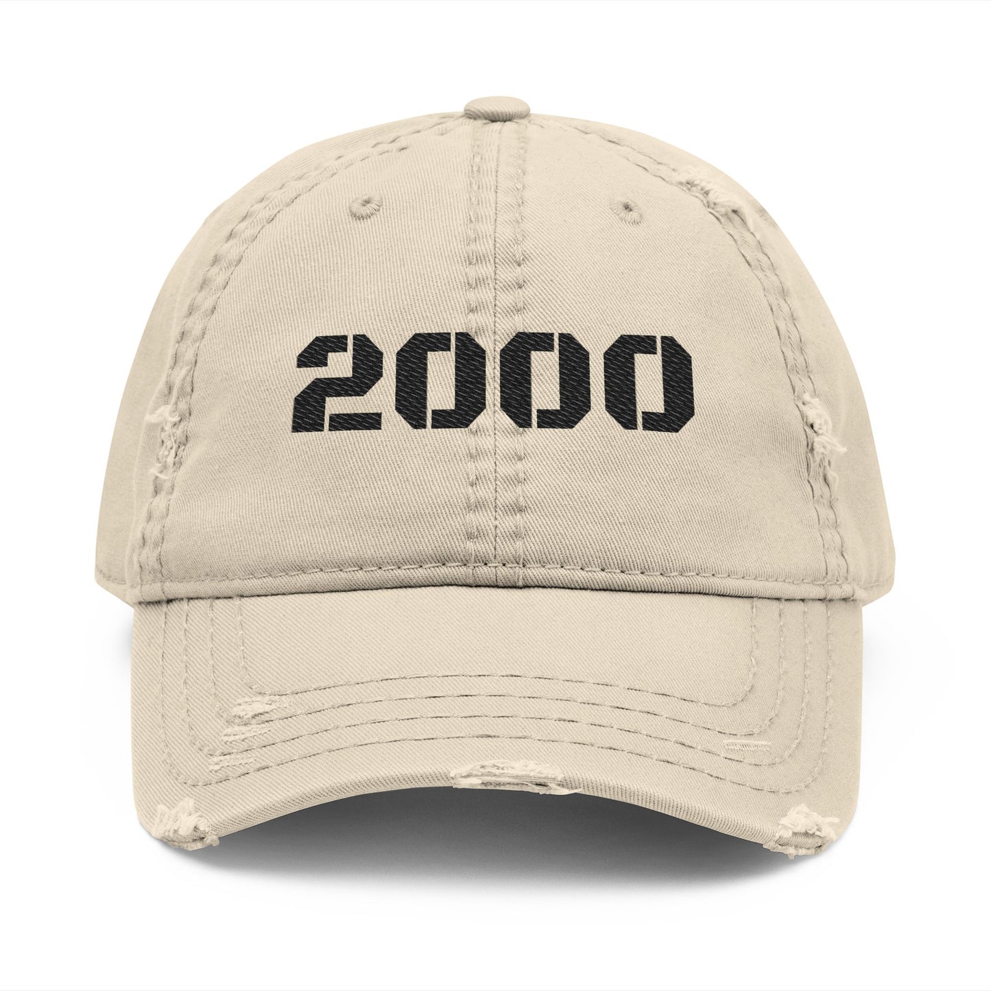Vintage military grey distressed embroidered '2000' dad hat with adjustable strap, casual baseball cap style by Printify.
