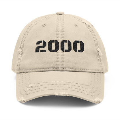 Vintage military grey distressed embroidered '2000' dad hat with adjustable strap, casual baseball cap style by Printify.