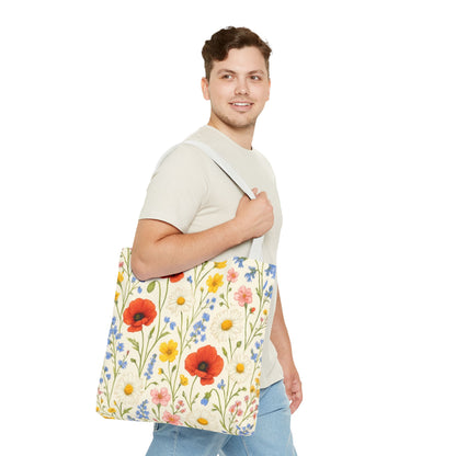 Wildflower Poppy print tote bag with floral all-over pattern by Printify, showing a spacious design with vibrant poppy flower illustrations.