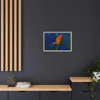 Red rose bud painting on framed canvas wall art by Printify, featuring a vibrant matte floral design.