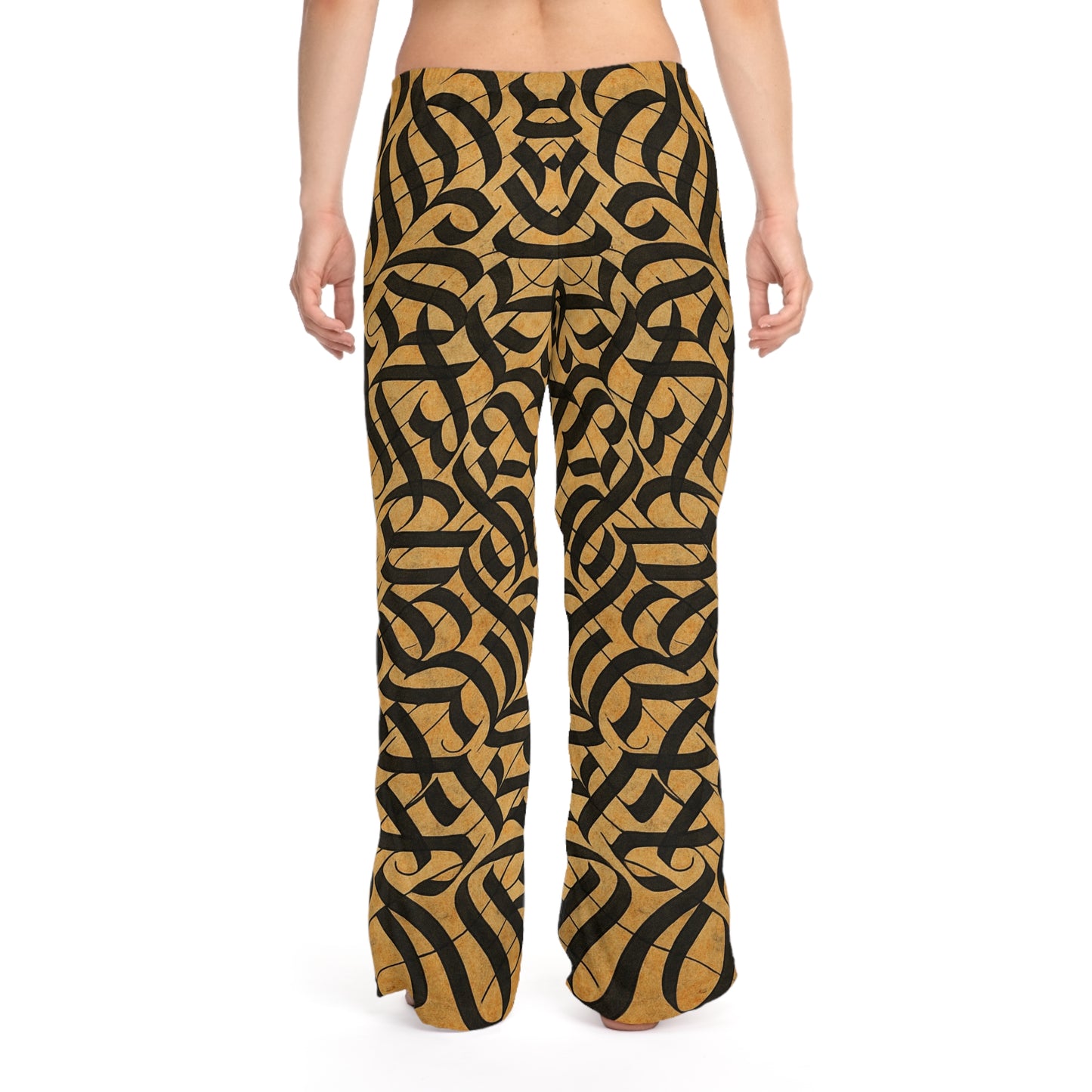 Women's gold and black tribal print pajama pants with all-over print design, cozy lounge sleepwear by Printify.