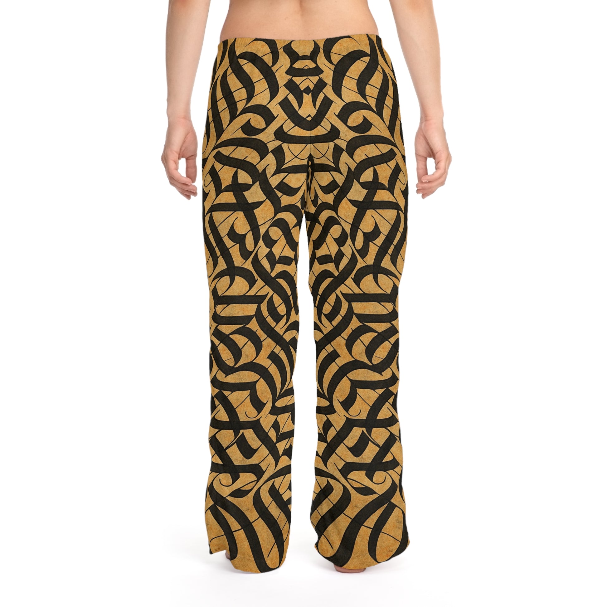 Women's gold and black tribal print pajama pants with all-over print design, cozy lounge sleepwear by Printify.