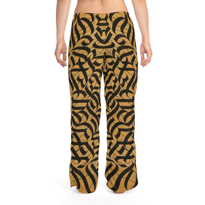 Women's gold and black tribal print pajama pants with all-over print design, cozy lounge sleepwear by Printify.