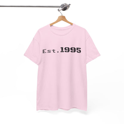 Vintage minimalist white T-shirt with "Est. 1995" print, birthday shirt design, by Printify, casual and stylish for everyday wear.