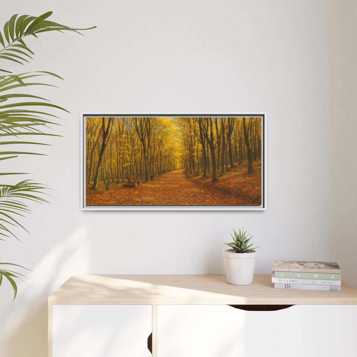 Autumn forest path matte canvas wall art with a framed print, showcasing vibrant fall colors and detailed nature scene.
