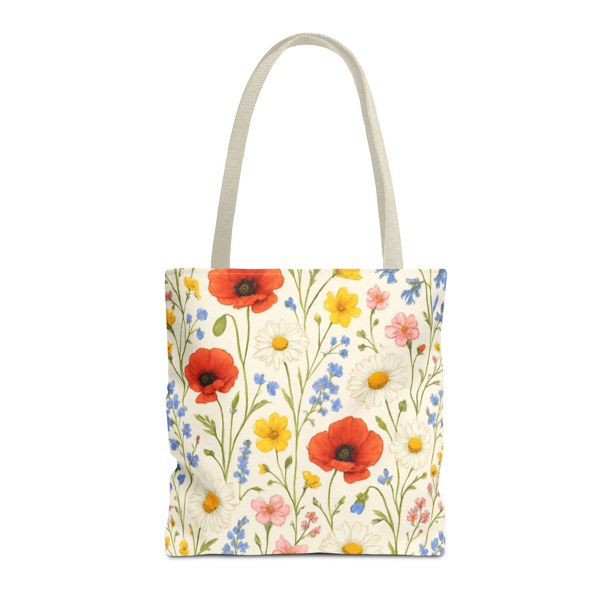 Wildflower Poppy Print Tote Bag by Printify featuring a vibrant floral all-over poppy pattern on durable fabric.