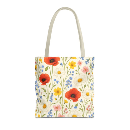 Wildflower Poppy Print Tote Bag by Printify featuring a vibrant floral all-over poppy pattern on durable fabric.