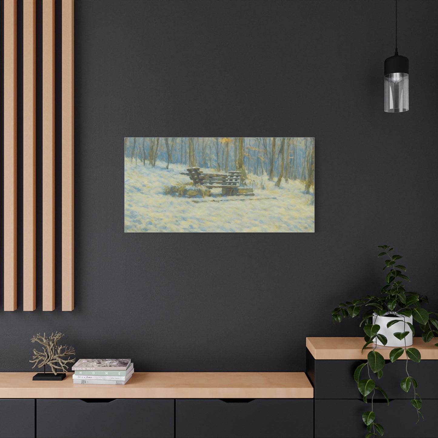 Snowy park bench matte canvas print featuring winter woodland scene, stretched 1.25-inch wall art by Printify.