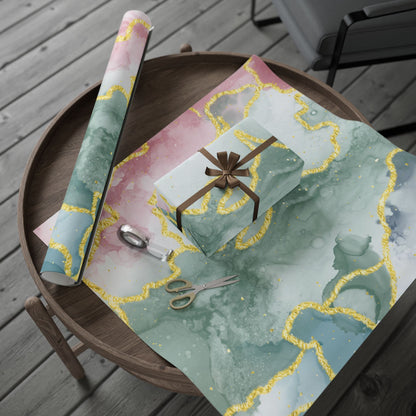 Marble Swirl Wrapping Paper Roll — Pink, Green & Gold Abstract Gift Wrap