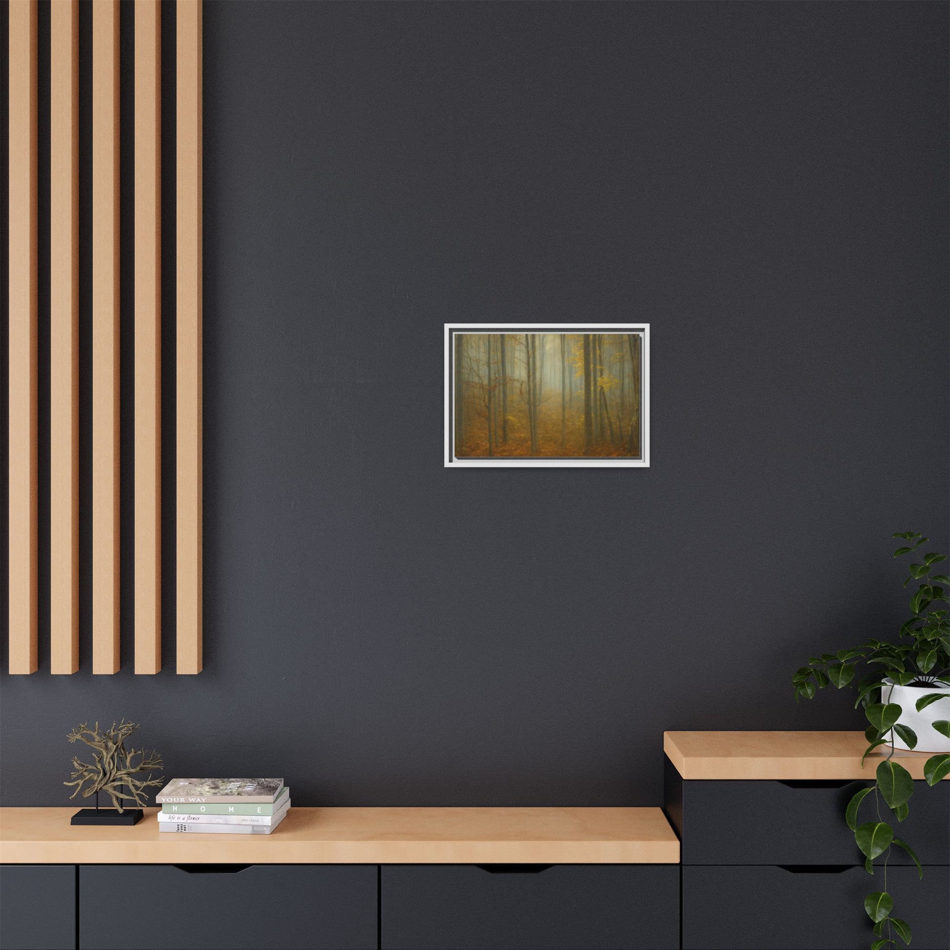 Framed matte canvas wall art of a misty autumn forest, featuring vibrant fall colors and a natural outdoor scene.