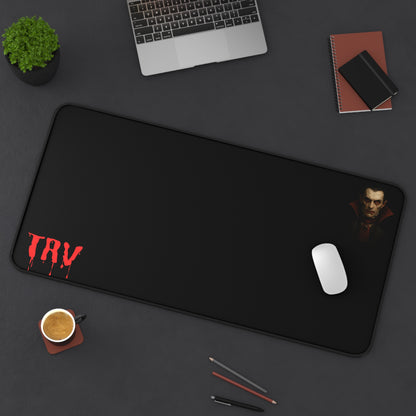 Vampire blood drip portrait desk mat featuring a dark, gothic vampire design on a smooth surface for computer use.