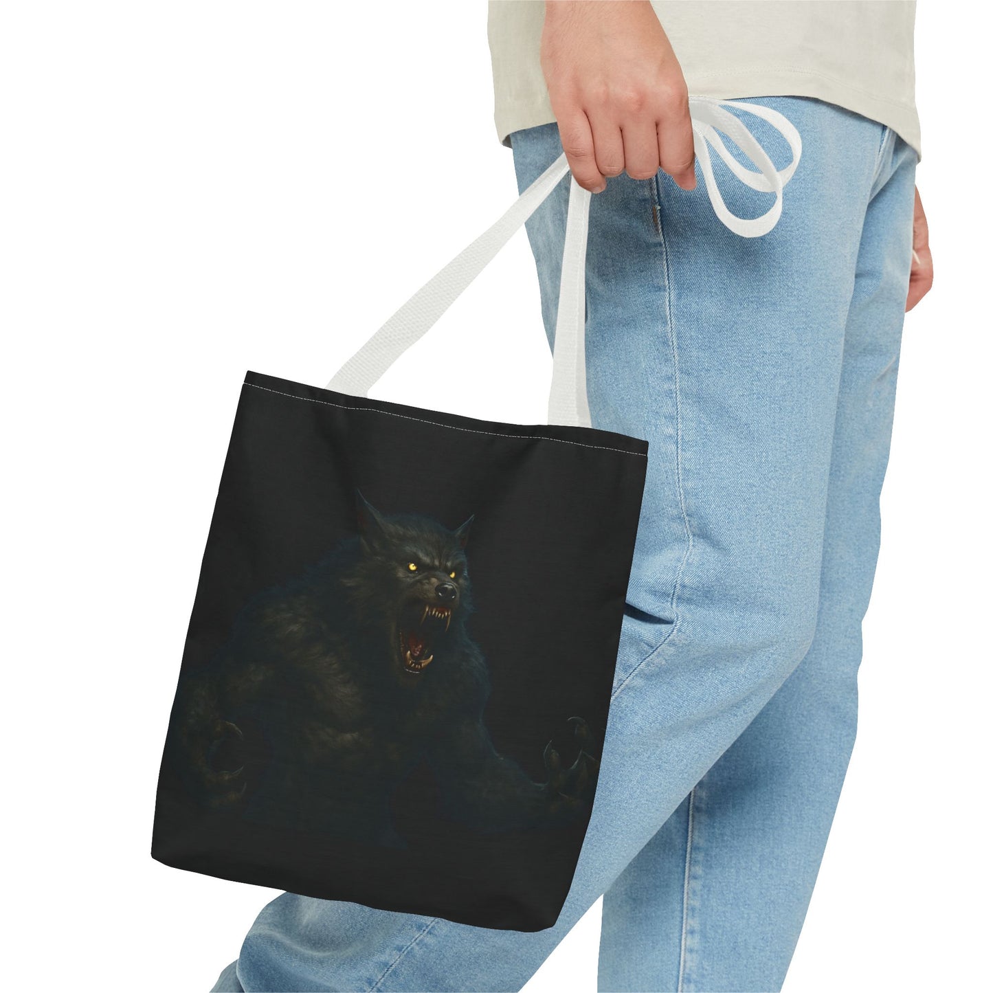Werewolf tote bag featuring dark Halloween art, perfect for horror fans, made by Printify, showcasing a spooky design.