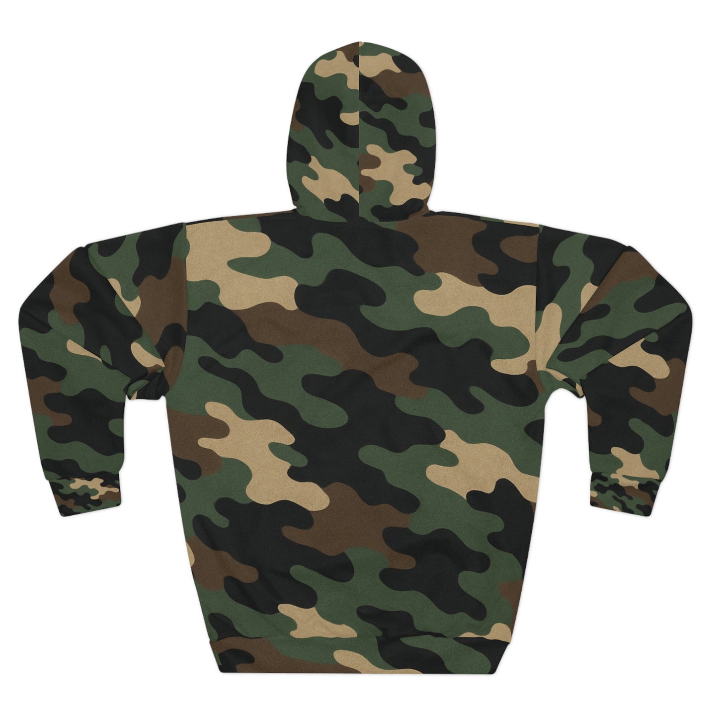 Green woodland camouflage hoodie with all-over print and pullover design by Printify, featuring an outdoor camouflage pattern.