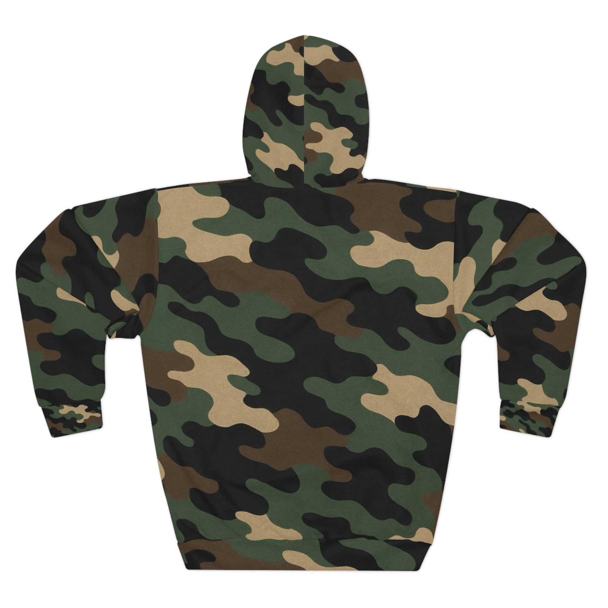 Green woodland camouflage hoodie with all-over print and pullover design by Printify, featuring an outdoor camouflage pattern.