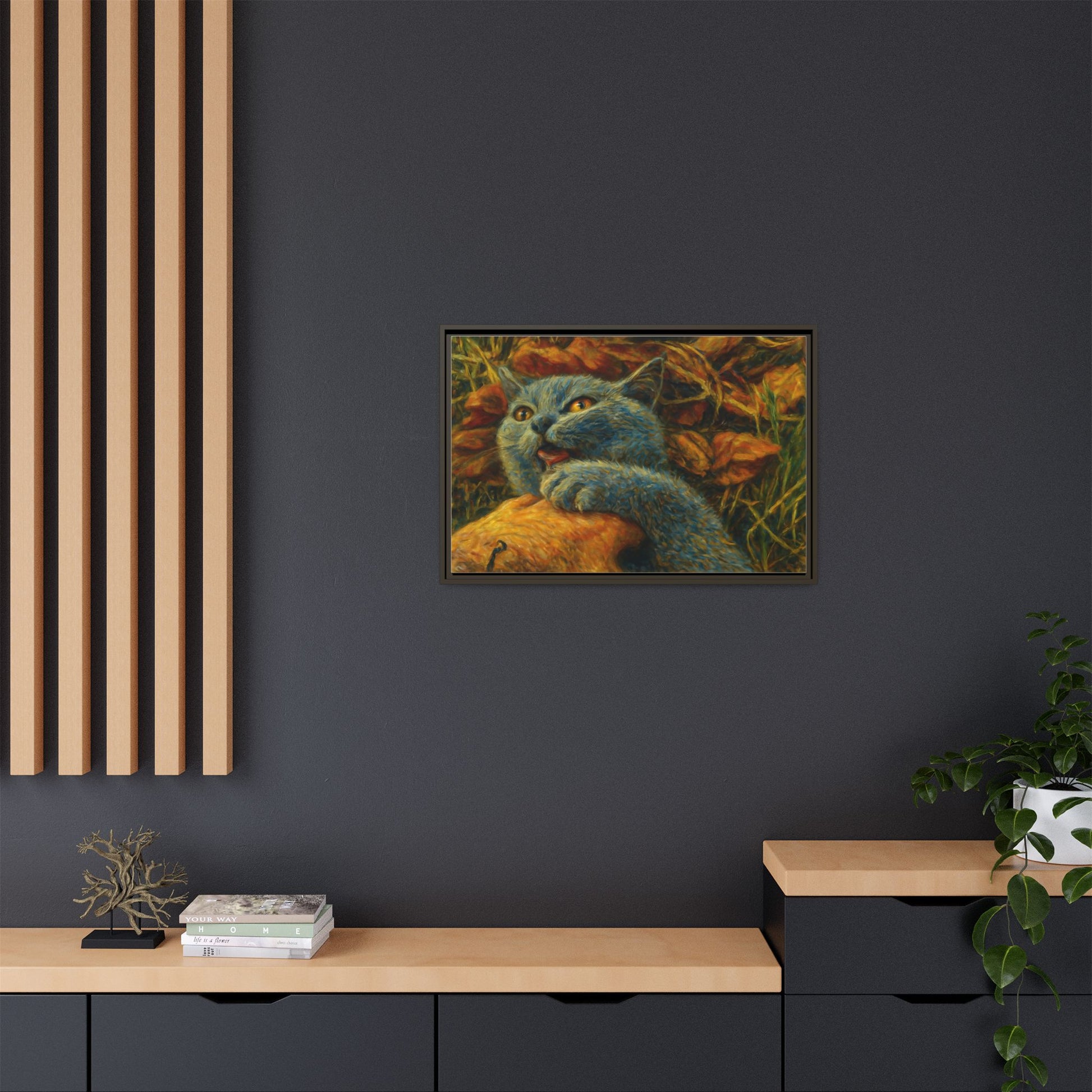 Blue cat canvas print featuring whimsical wall art, perfect for cat lovers, created by Printify.
