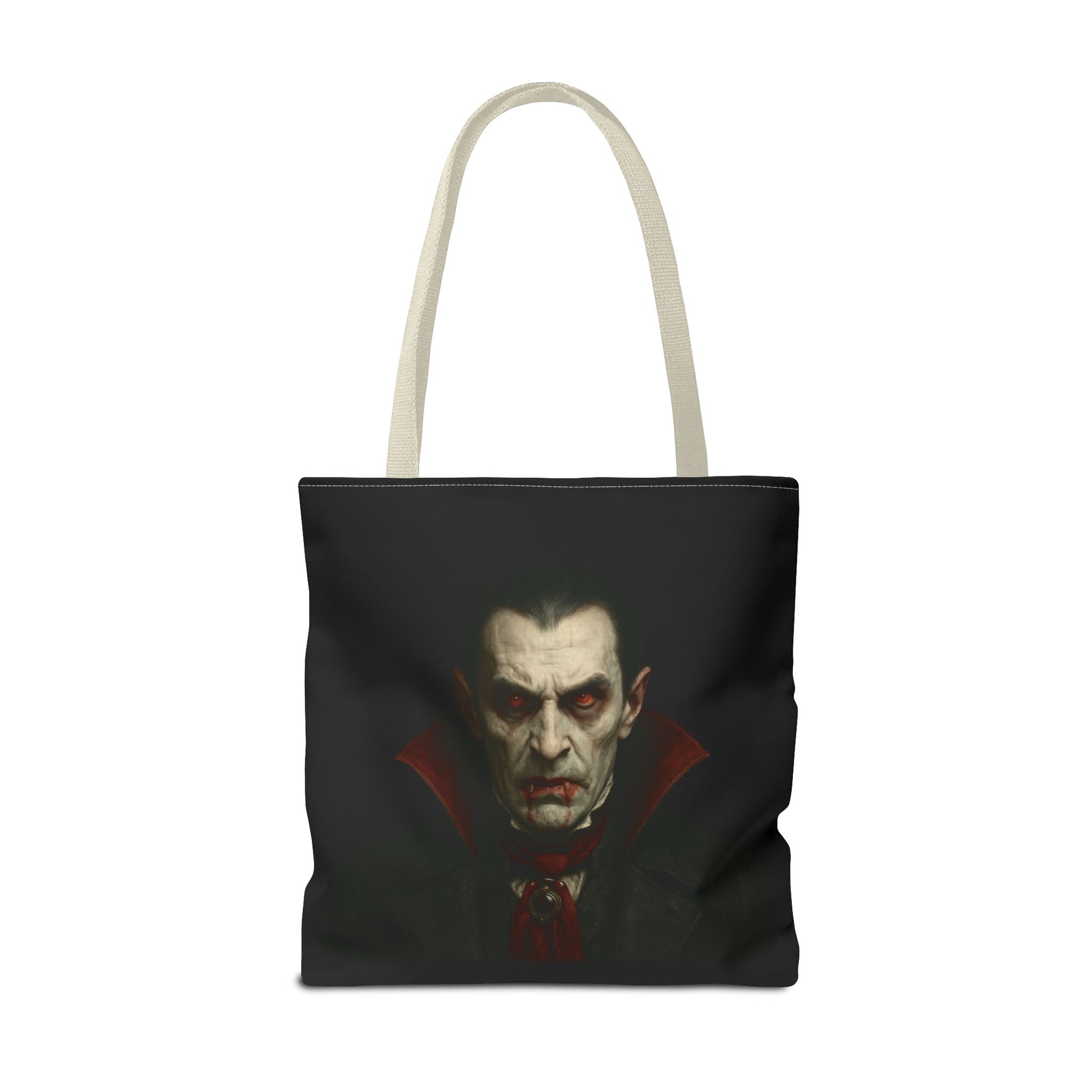 Black vampire tote bag with spooky gothic design, featuring bats and moon, perfect for Halloween accessories.