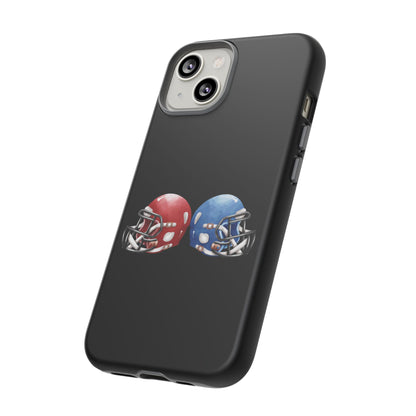 Red and blue football helmet design phone case for iPhone, durable protective case by Printify featuring sports-themed artwork.
