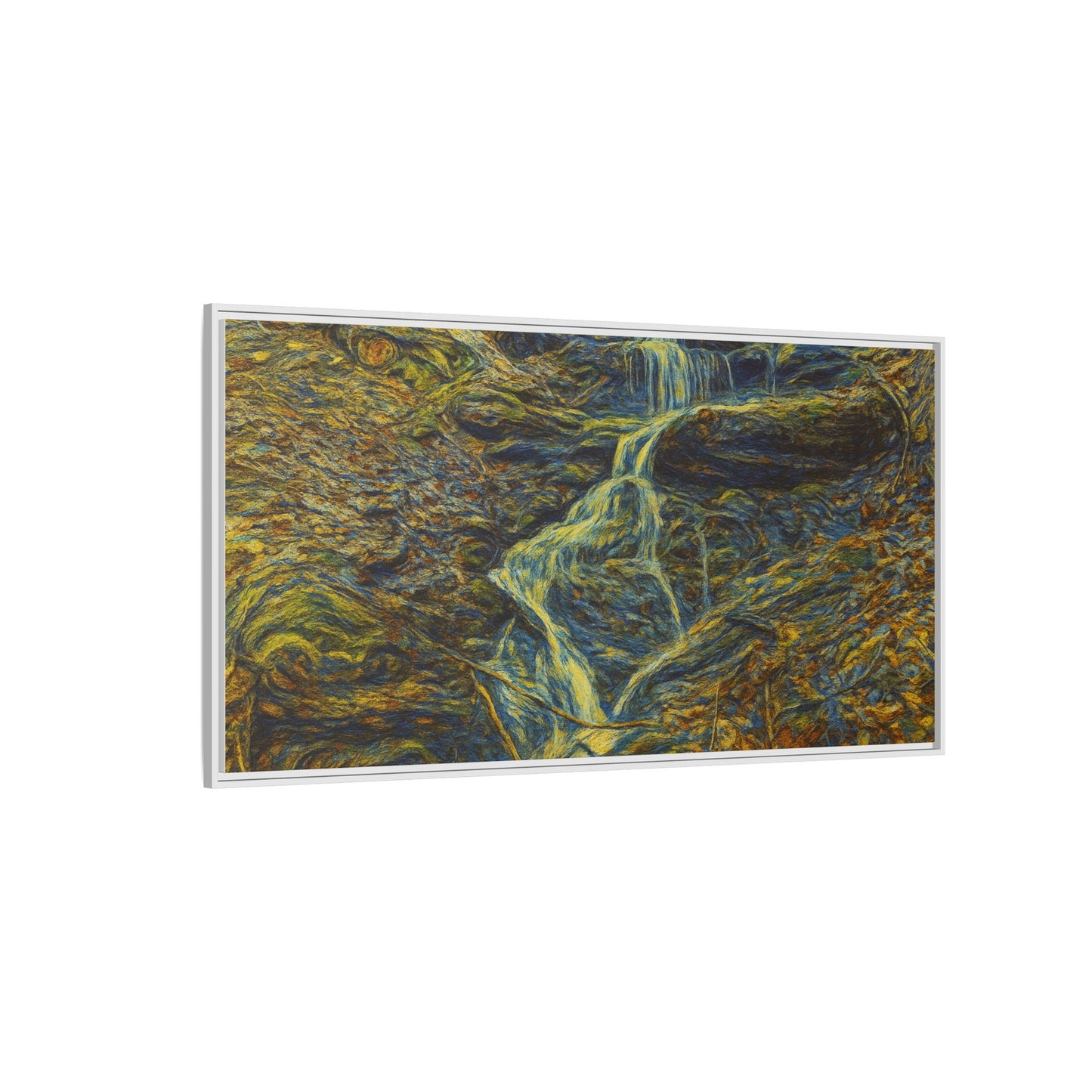 Framed matte canvas wall art of an autumn forest with a waterfall, showcasing vibrant fall colors and natural scenery.