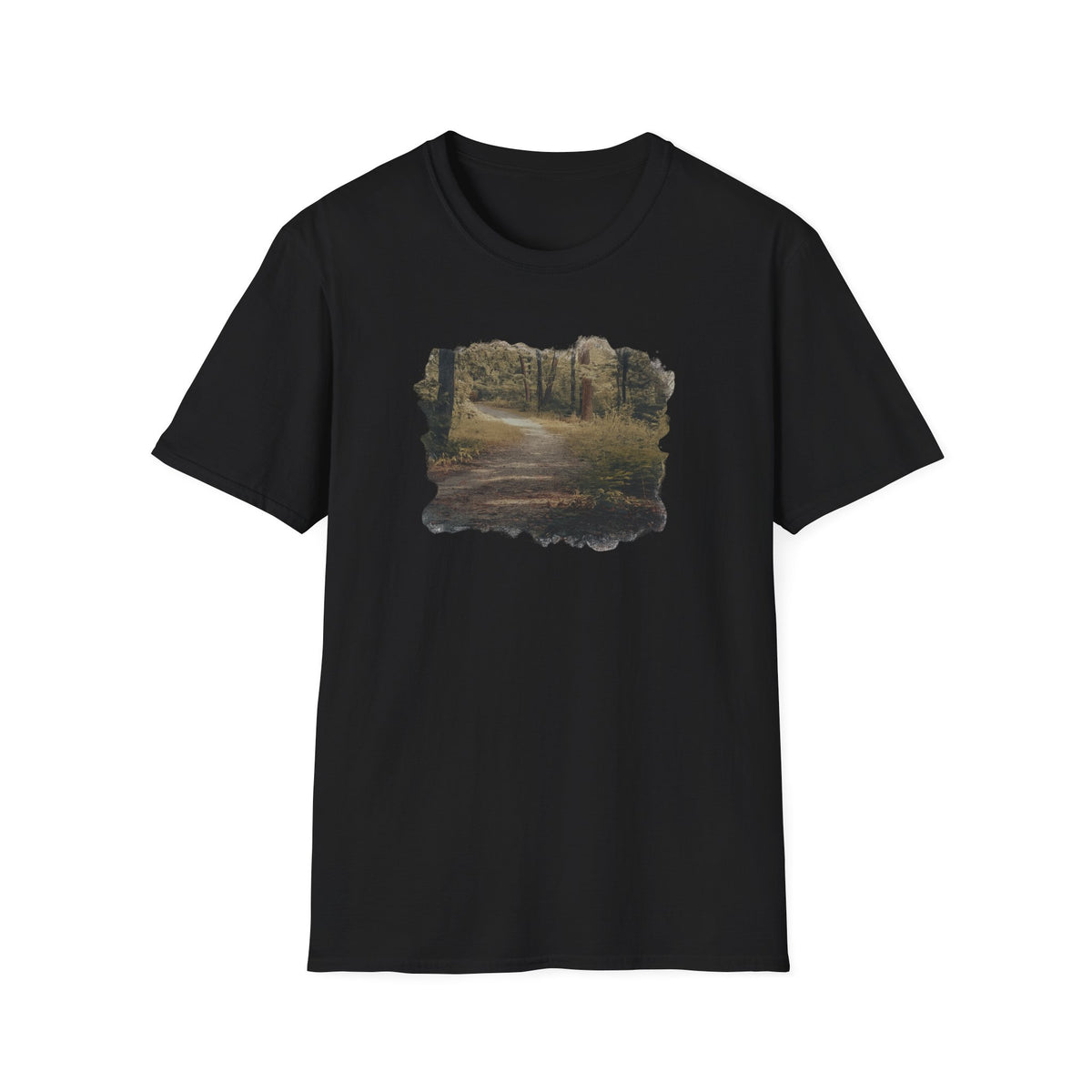 Vintage Forest Landscape T-Shirt by Printify featuring a nature pathway design on a casual cotton tee.