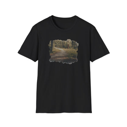 Vintage Forest Landscape T-Shirt by Printify featuring a nature pathway design on a casual cotton tee.