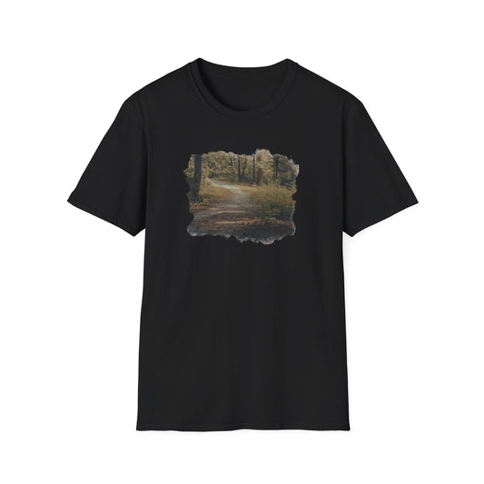 Vintage Forest Landscape T-Shirt by Printify featuring a nature pathway design on a casual cotton tee.