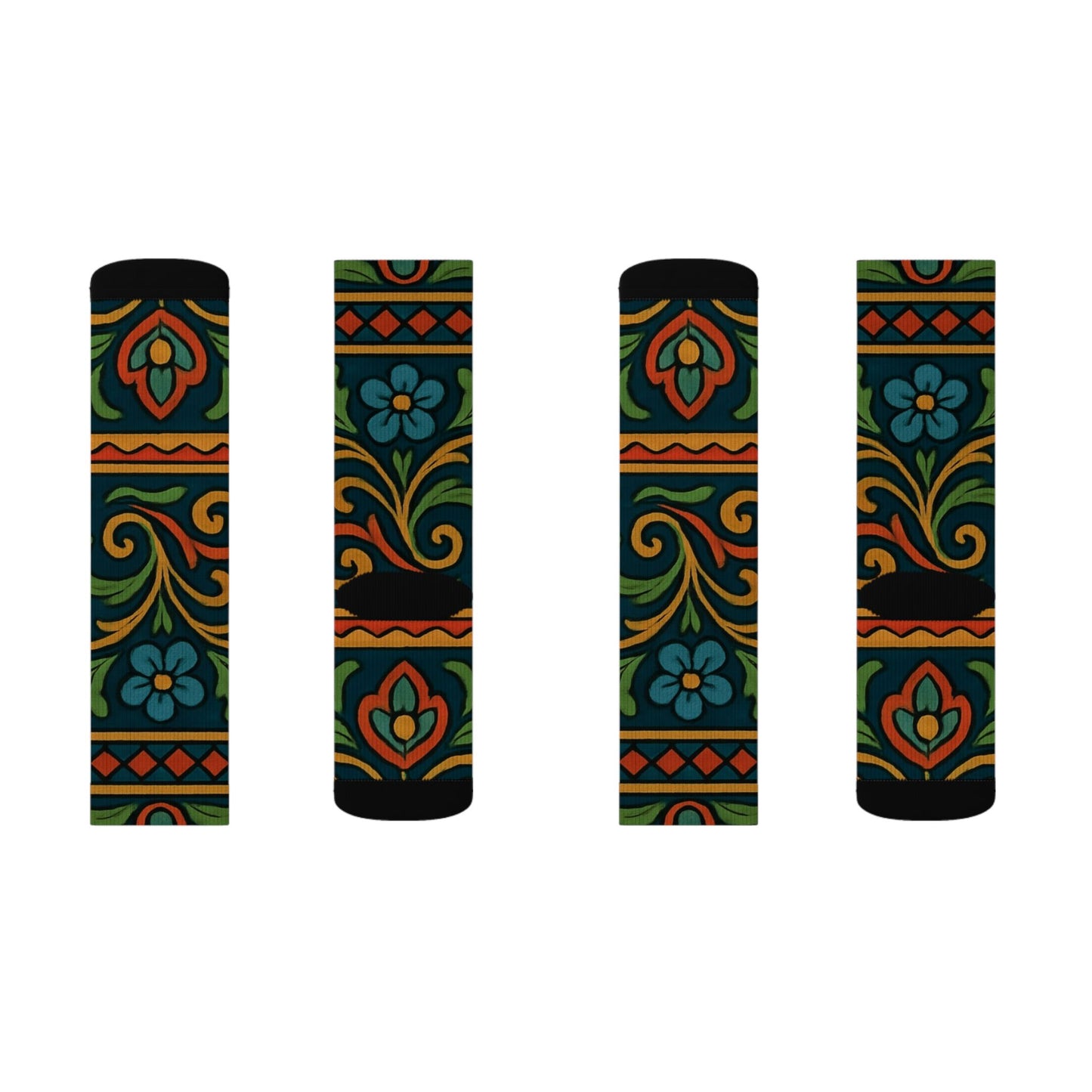 Victorian floral tile sublimation crew socks with all-over patterned print by Printify, featuring intricate floral and tile designs.