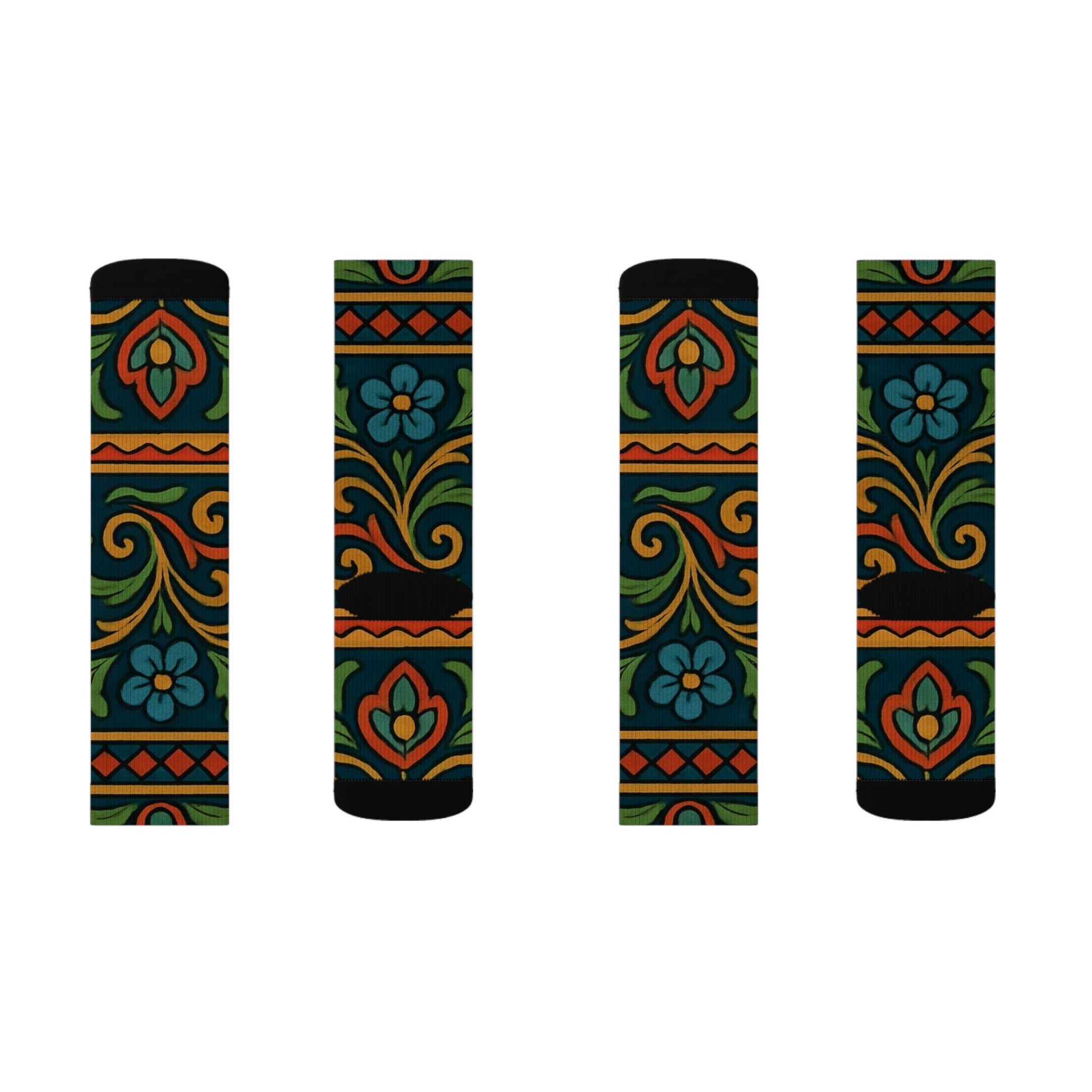 Victorian floral tile sublimation crew socks with all-over patterned print by Printify, featuring intricate floral and tile designs.