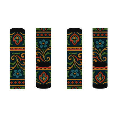 Victorian floral tile sublimation crew socks with all-over patterned print by Printify, featuring intricate floral and tile designs.