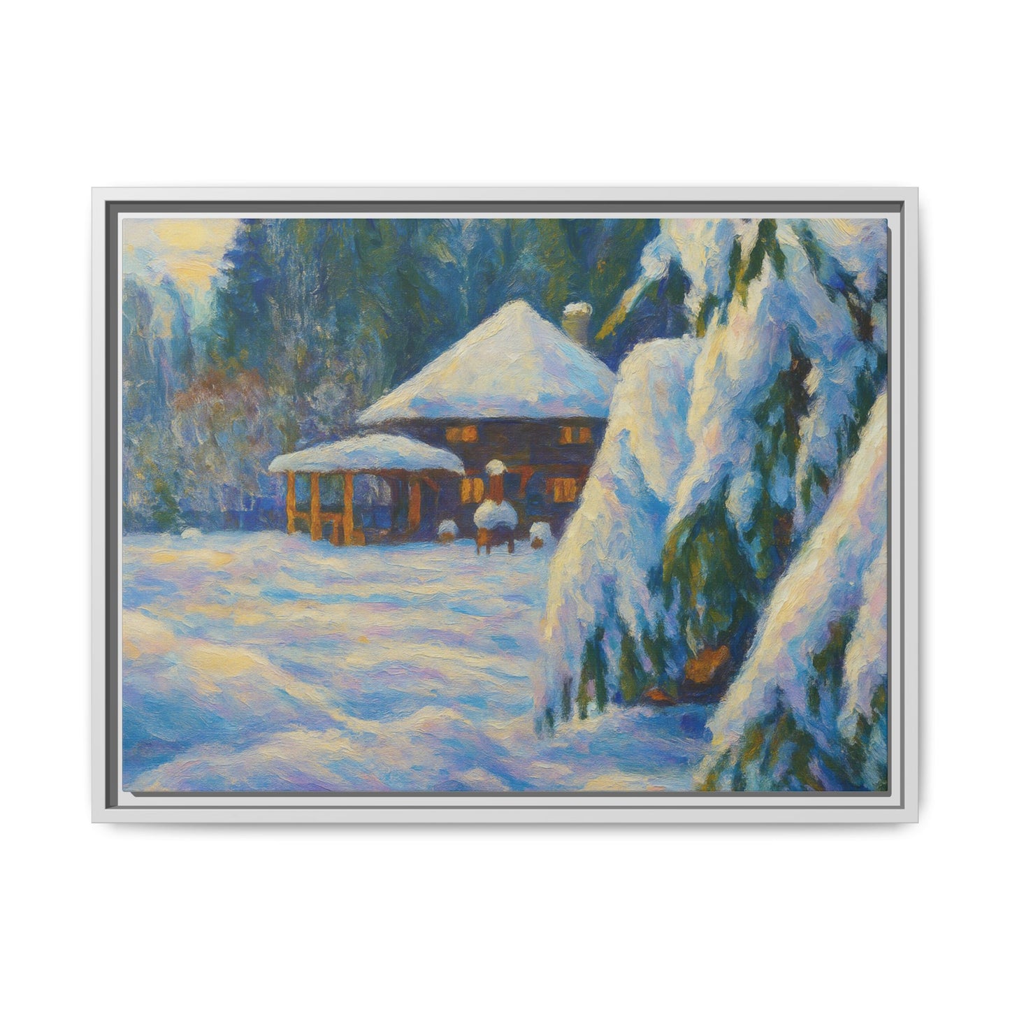 Framed matte canvas wall art featuring a snowy cabin winter landscape, ideal for cozy home decor.