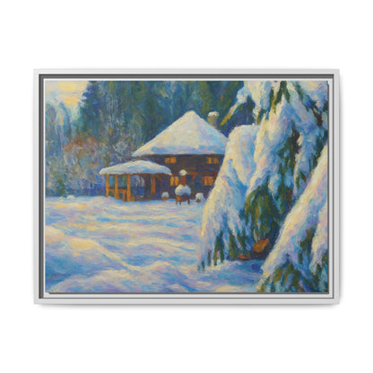Framed matte canvas wall art featuring a snowy cabin winter landscape, ideal for cozy home decor.