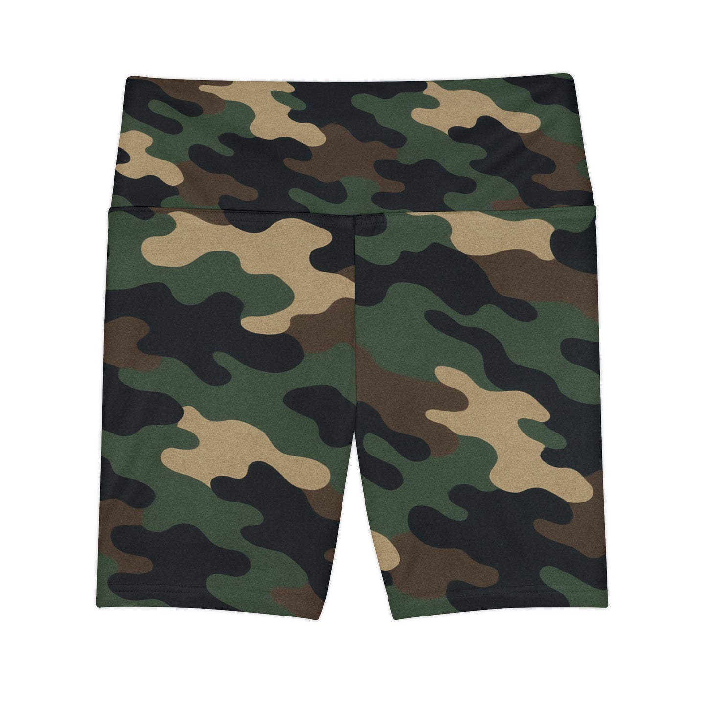 Olive green camouflage high-waist women's workout shorts with all-over print, perfect for activewear and fitness activities.