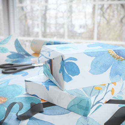 Blue Floral Wrapping Paper Roll — Watercolor Bouquet Gift Wrap