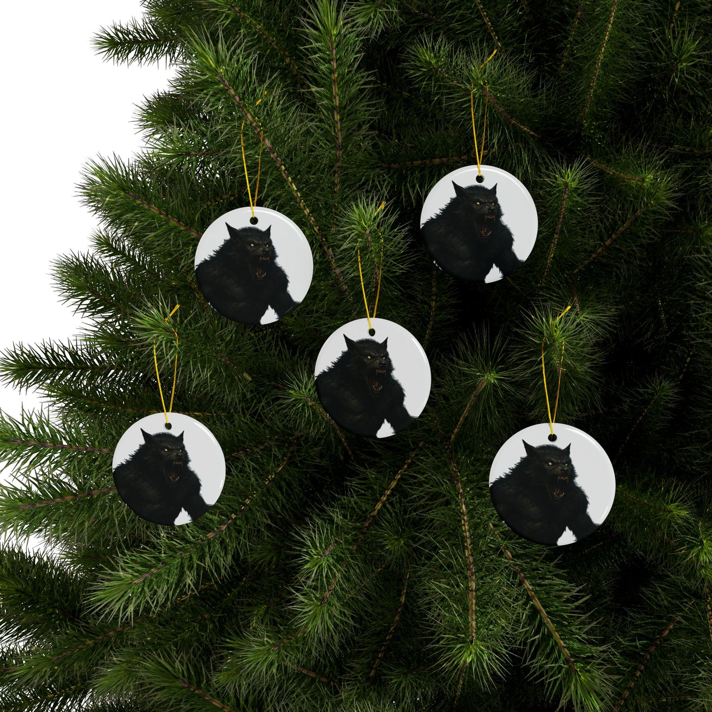 Black ceramic werewolf ornament with spooky wolf design, perfect for holiday Halloween decorations.